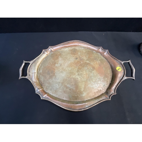 305 - LARGE SILVER PLATED TWIN HANDLED SERVING TRAY, ORNATE SILVER PLATED SPIRIT KETTLE, LARGE SILVER PLAT... 