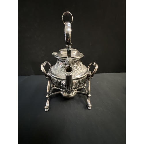 305 - LARGE SILVER PLATED TWIN HANDLED SERVING TRAY, ORNATE SILVER PLATED SPIRIT KETTLE, LARGE SILVER PLAT... 