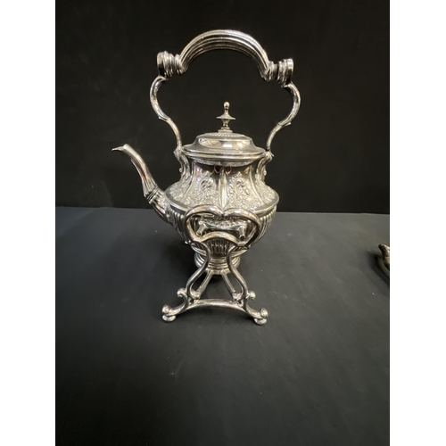 305 - LARGE SILVER PLATED TWIN HANDLED SERVING TRAY, ORNATE SILVER PLATED SPIRIT KETTLE, LARGE SILVER PLAT... 