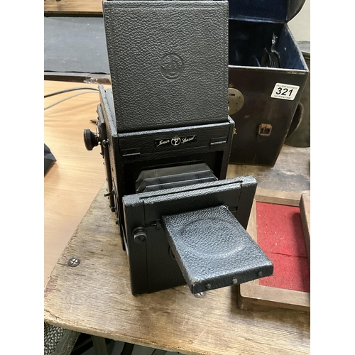 321 - THORNTON PICKARD JUNIOR SPECIAL VINTAGE CAMERA COMPLETE WITH CASE, COLOUR PLATES, TRAYS ETC