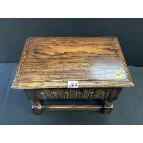 326 - DARK OAK PRIORY STYLE STRETCHERED STORAGE TABLE OF SMALL PROPORTIONS H13