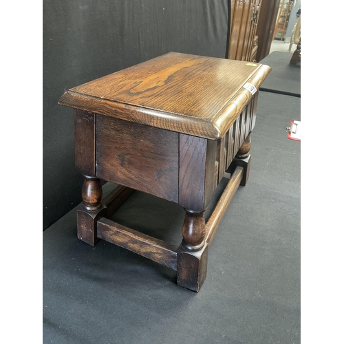 326 - DARK OAK PRIORY STYLE STRETCHERED STORAGE TABLE OF SMALL PROPORTIONS H13