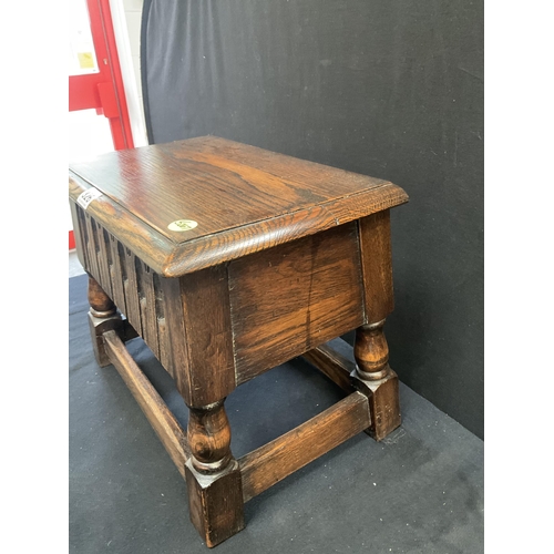 326 - DARK OAK PRIORY STYLE STRETCHERED STORAGE TABLE OF SMALL PROPORTIONS H13