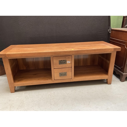 337 - MODERN OAK FLAT SCREEN TV STAND WITH 2 CENTRAL DRAWERS H22