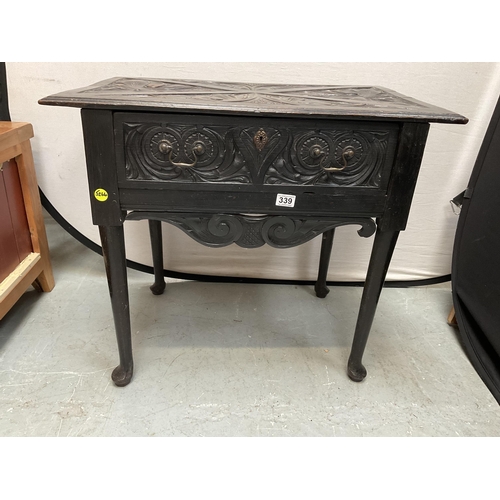 339 - EARLY HEAVILY CARVED DARK OAK HALL TABLE WITH SINGLE DRAWER OF PEGGED AND DOWELLED CONSTRUCTION H28