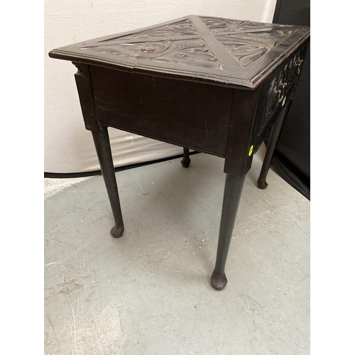 339 - EARLY HEAVILY CARVED DARK OAK HALL TABLE WITH SINGLE DRAWER OF PEGGED AND DOWELLED CONSTRUCTION H28