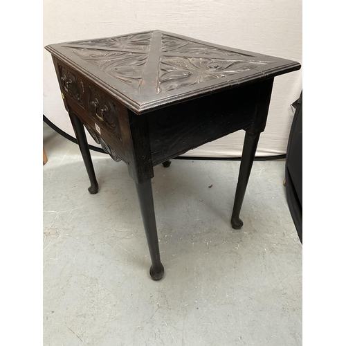 339 - EARLY HEAVILY CARVED DARK OAK HALL TABLE WITH SINGLE DRAWER OF PEGGED AND DOWELLED CONSTRUCTION H28