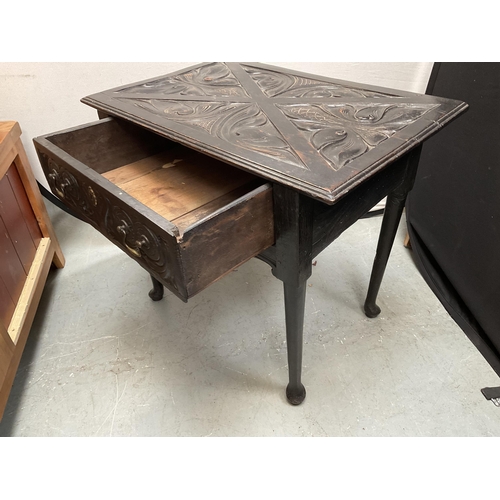 339 - EARLY HEAVILY CARVED DARK OAK HALL TABLE WITH SINGLE DRAWER OF PEGGED AND DOWELLED CONSTRUCTION H28