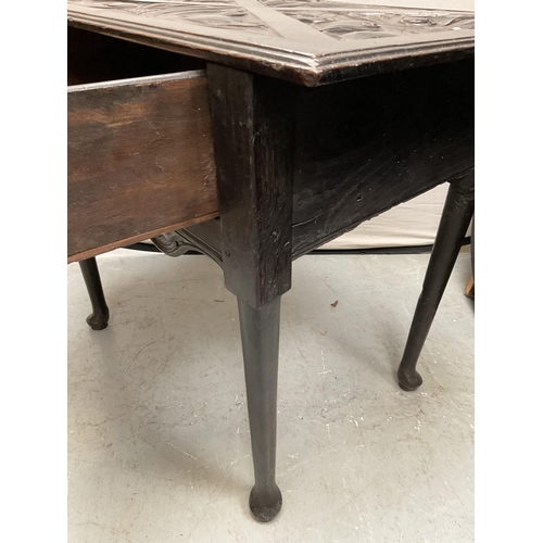 339 - EARLY HEAVILY CARVED DARK OAK HALL TABLE WITH SINGLE DRAWER OF PEGGED AND DOWELLED CONSTRUCTION H28