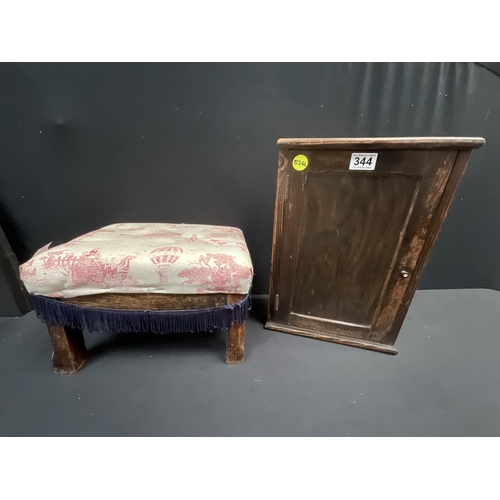 344 - VINTAGE UPHOLSTERED STOOL AND OAK WALL CABINET H17