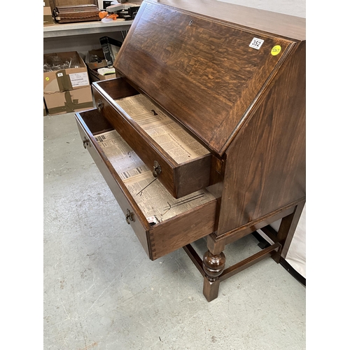 352 - VINTAGE OAK BUREAU WITH FITTED INTERIOR AND 2 DRAWERS OVER STRETCHERED BASE H39