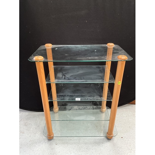 356 - MODERN 5 TIER GLASS AND OAK ADJUSTABLE STEREO STAND H33