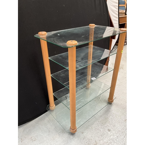 356 - MODERN 5 TIER GLASS AND OAK ADJUSTABLE STEREO STAND H33