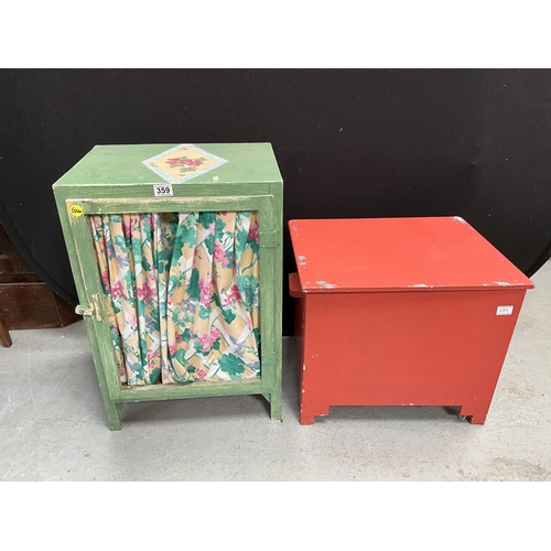 359 - PAINTED WOODEN BOX AND A PAINTED WOODEN MEAT SAFE H28