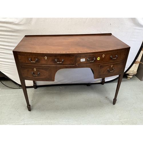 373 - VICTORIAN MAHOGANY INLAID BOW FRONT KNEEHOLE LADIES WRITING DESK WITH 4 DRAWERS H30