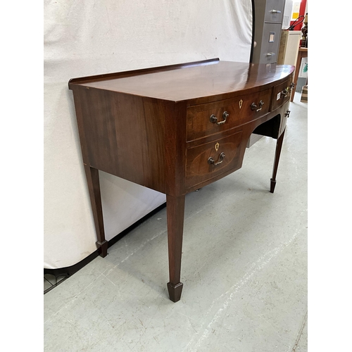 373 - VICTORIAN MAHOGANY INLAID BOW FRONT KNEEHOLE LADIES WRITING DESK WITH 4 DRAWERS H30