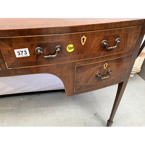 373 - VICTORIAN MAHOGANY INLAID BOW FRONT KNEEHOLE LADIES WRITING DESK WITH 4 DRAWERS H30