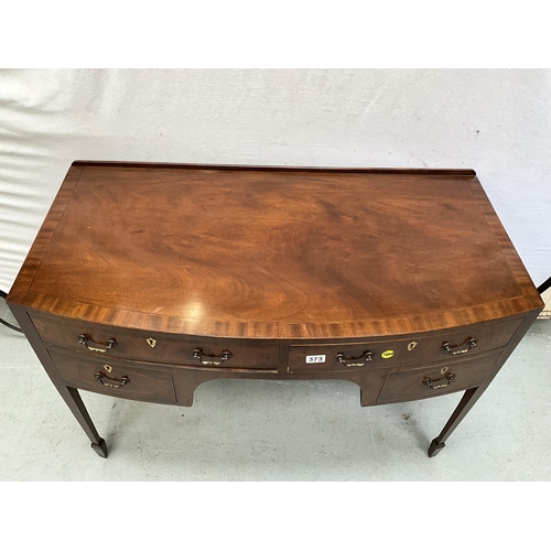 373 - VICTORIAN MAHOGANY INLAID BOW FRONT KNEEHOLE LADIES WRITING DESK WITH 4 DRAWERS H30