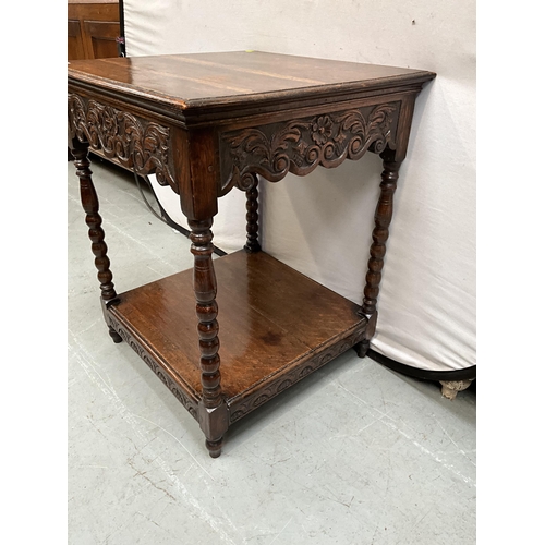 375 - VICTORIAN BOBBIN LEG WINDOW TABLE WITH CARVED FRIEZE DECORATION H31