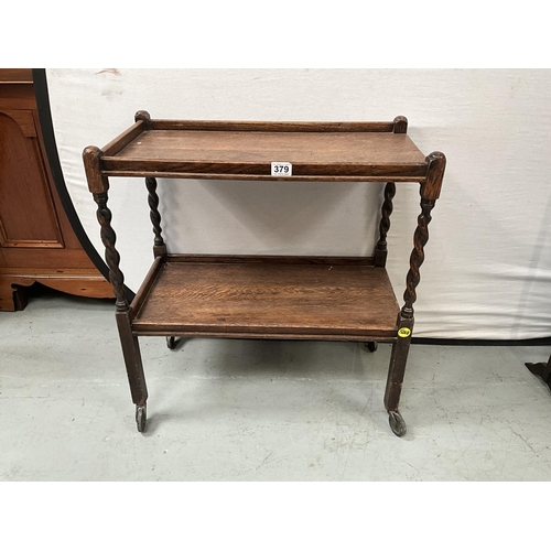 379 - VINTAGE OAK BARLEYTWIST TWO TIER TEA TROLLEY H28