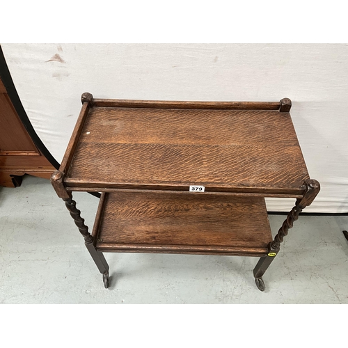 379 - VINTAGE OAK BARLEYTWIST TWO TIER TEA TROLLEY H28