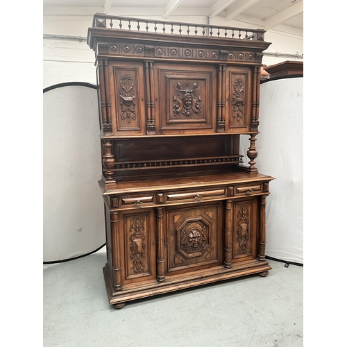 383 - VICTORIAN FRENCH WALNUT CARVED BUFFET - 
TOP WITH TURNED SPINDLE GALLERY OVER CARVED FRIEZE OVER 3 D... 