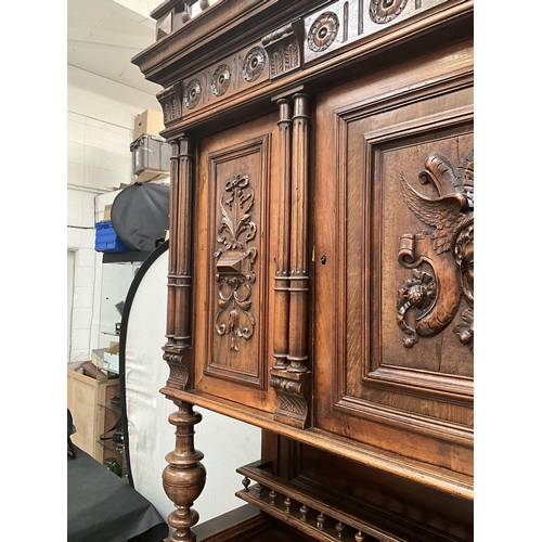 383 - VICTORIAN FRENCH WALNUT CARVED BUFFET - 
TOP WITH TURNED SPINDLE GALLERY OVER CARVED FRIEZE OVER 3 D... 