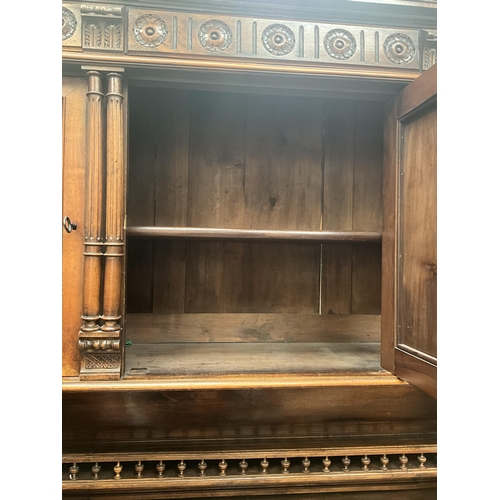 383 - VICTORIAN FRENCH WALNUT CARVED BUFFET - 
TOP WITH TURNED SPINDLE GALLERY OVER CARVED FRIEZE OVER 3 D... 