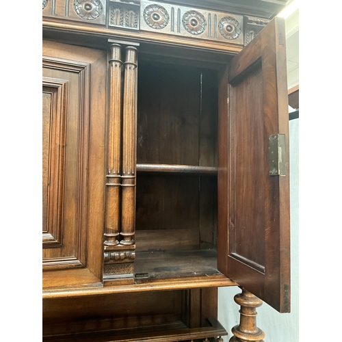 383 - VICTORIAN FRENCH WALNUT CARVED BUFFET - 
TOP WITH TURNED SPINDLE GALLERY OVER CARVED FRIEZE OVER 3 D... 