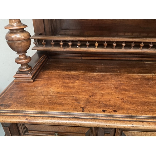 383 - VICTORIAN FRENCH WALNUT CARVED BUFFET - 
TOP WITH TURNED SPINDLE GALLERY OVER CARVED FRIEZE OVER 3 D... 