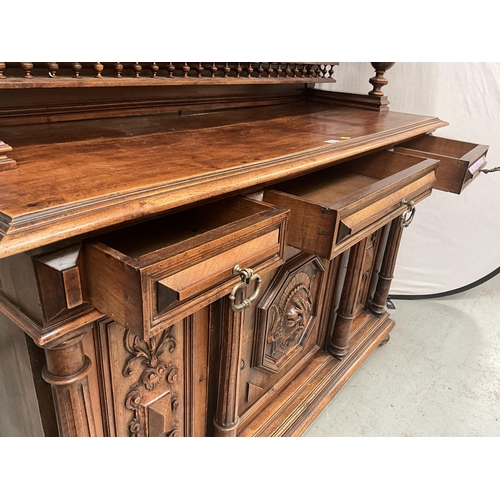 383 - VICTORIAN FRENCH WALNUT CARVED BUFFET - 
TOP WITH TURNED SPINDLE GALLERY OVER CARVED FRIEZE OVER 3 D... 