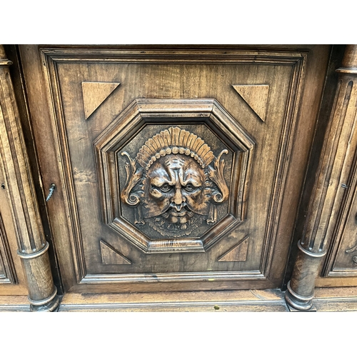 383 - VICTORIAN FRENCH WALNUT CARVED BUFFET - 
TOP WITH TURNED SPINDLE GALLERY OVER CARVED FRIEZE OVER 3 D... 