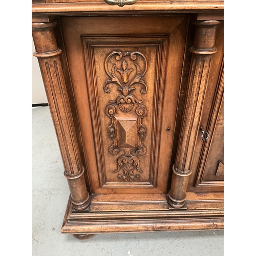 383 - VICTORIAN FRENCH WALNUT CARVED BUFFET - 
TOP WITH TURNED SPINDLE GALLERY OVER CARVED FRIEZE OVER 3 D... 