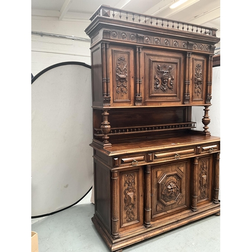 383 - VICTORIAN FRENCH WALNUT CARVED BUFFET - 
TOP WITH TURNED SPINDLE GALLERY OVER CARVED FRIEZE OVER 3 D... 