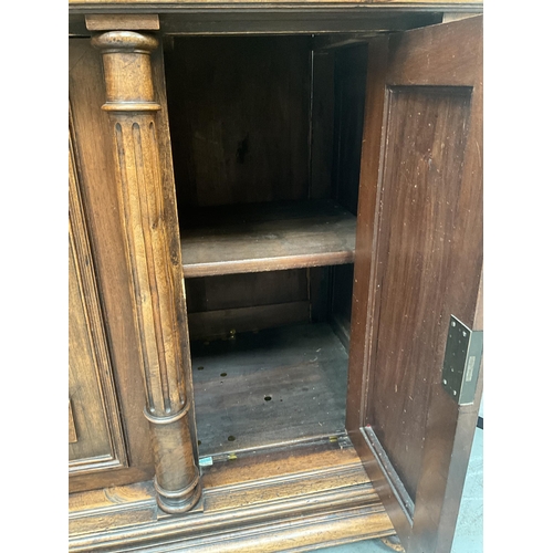 383 - VICTORIAN FRENCH WALNUT CARVED BUFFET - 
TOP WITH TURNED SPINDLE GALLERY OVER CARVED FRIEZE OVER 3 D... 