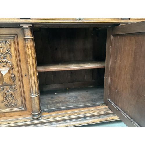 383 - VICTORIAN FRENCH WALNUT CARVED BUFFET - 
TOP WITH TURNED SPINDLE GALLERY OVER CARVED FRIEZE OVER 3 D... 