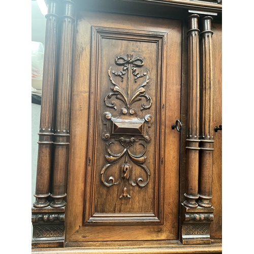 383 - VICTORIAN FRENCH WALNUT CARVED BUFFET - 
TOP WITH TURNED SPINDLE GALLERY OVER CARVED FRIEZE OVER 3 D... 