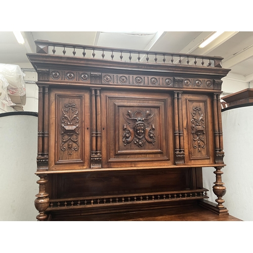 383 - VICTORIAN FRENCH WALNUT CARVED BUFFET - 
TOP WITH TURNED SPINDLE GALLERY OVER CARVED FRIEZE OVER 3 D... 