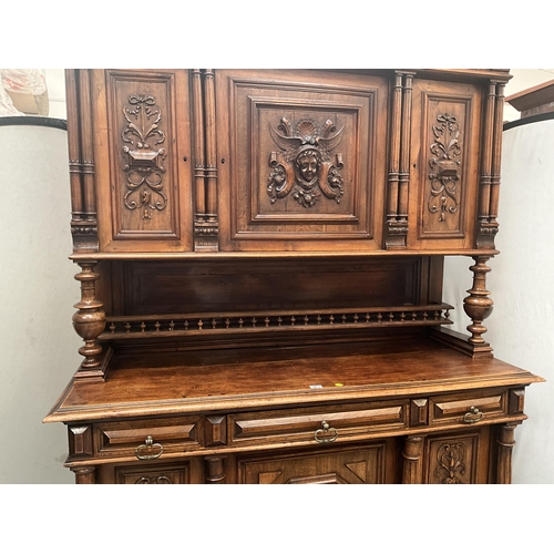 383 - VICTORIAN FRENCH WALNUT CARVED BUFFET - 
TOP WITH TURNED SPINDLE GALLERY OVER CARVED FRIEZE OVER 3 D... 