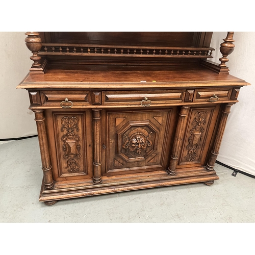 383 - VICTORIAN FRENCH WALNUT CARVED BUFFET - 
TOP WITH TURNED SPINDLE GALLERY OVER CARVED FRIEZE OVER 3 D... 