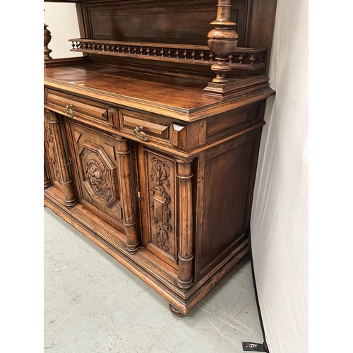 383 - VICTORIAN FRENCH WALNUT CARVED BUFFET - 
TOP WITH TURNED SPINDLE GALLERY OVER CARVED FRIEZE OVER 3 D... 