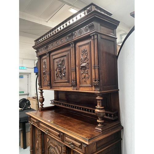 383 - VICTORIAN FRENCH WALNUT CARVED BUFFET - 
TOP WITH TURNED SPINDLE GALLERY OVER CARVED FRIEZE OVER 3 D... 