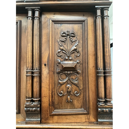 383 - VICTORIAN FRENCH WALNUT CARVED BUFFET - 
TOP WITH TURNED SPINDLE GALLERY OVER CARVED FRIEZE OVER 3 D... 