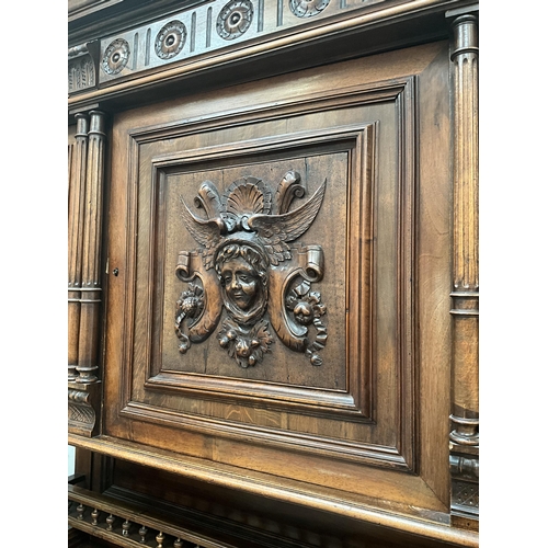 383 - VICTORIAN FRENCH WALNUT CARVED BUFFET - 
TOP WITH TURNED SPINDLE GALLERY OVER CARVED FRIEZE OVER 3 D... 