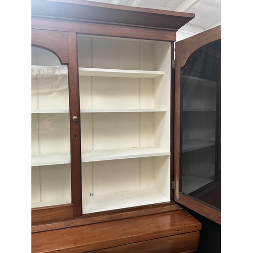 384 - VICTORIAN MAHOGANY KITCHEN CHIFFONIER WITH 2 GLASS DOORS TO TOP OVER CENTRAL DRAWER OVER 2 PANEL DOO... 