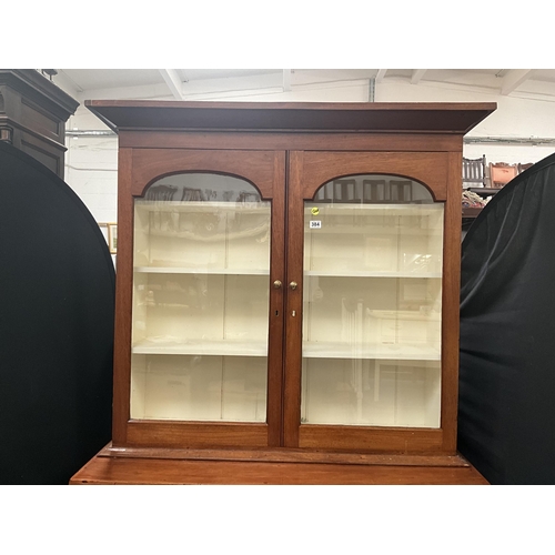 384 - VICTORIAN MAHOGANY KITCHEN CHIFFONIER WITH 2 GLASS DOORS TO TOP OVER CENTRAL DRAWER OVER 2 PANEL DOO... 