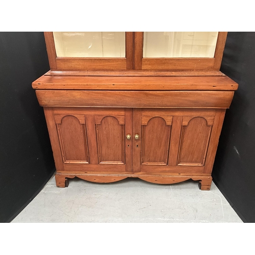 384 - VICTORIAN MAHOGANY KITCHEN CHIFFONIER WITH 2 GLASS DOORS TO TOP OVER CENTRAL DRAWER OVER 2 PANEL DOO... 