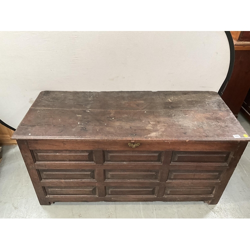 388 - EARLY GEORGIAN DARK OAK WELSH COFFER WITH 9 PANEL DECORATION TO FRONT A/F H28