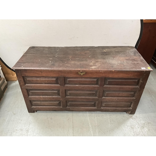 388 - EARLY GEORGIAN DARK OAK WELSH COFFER WITH 9 PANEL DECORATION TO FRONT A/F H28