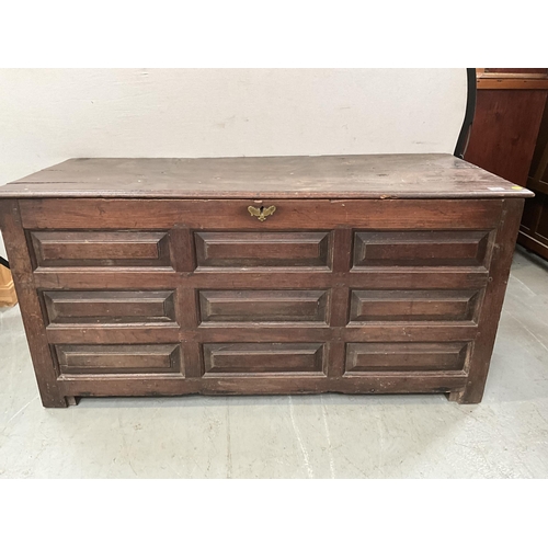 388 - EARLY GEORGIAN DARK OAK WELSH COFFER WITH 9 PANEL DECORATION TO FRONT A/F H28